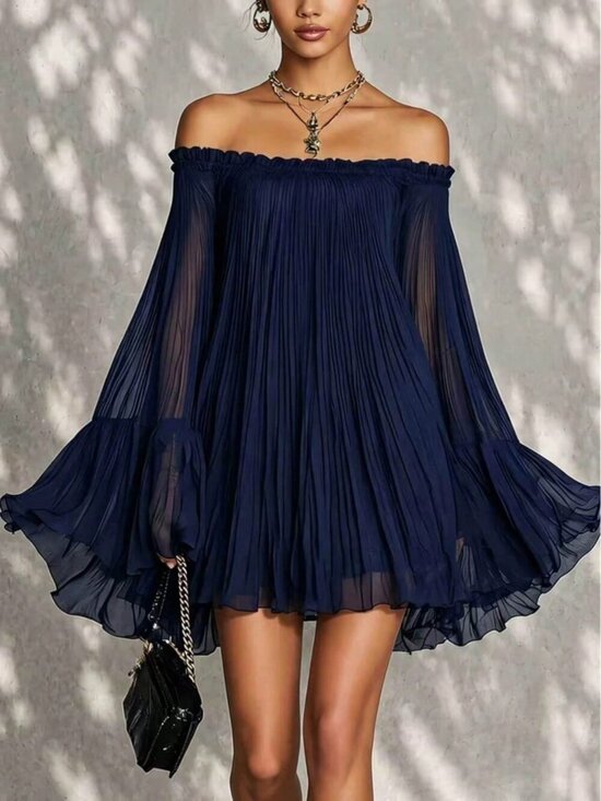 Dresses & Skirts - Blue Elegant Women's Off-Shoulder Backless Pleated Sleeve Dress
